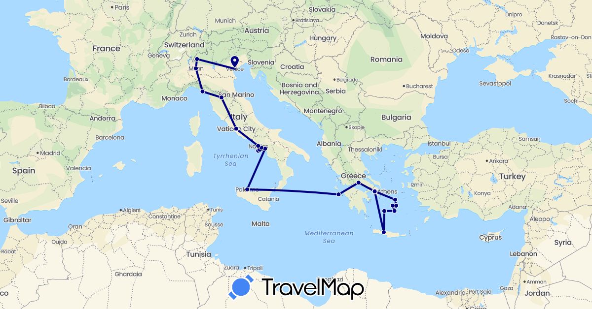 TravelMap itinerary: driving in Greece, Italy, Vatican City (Europe)
